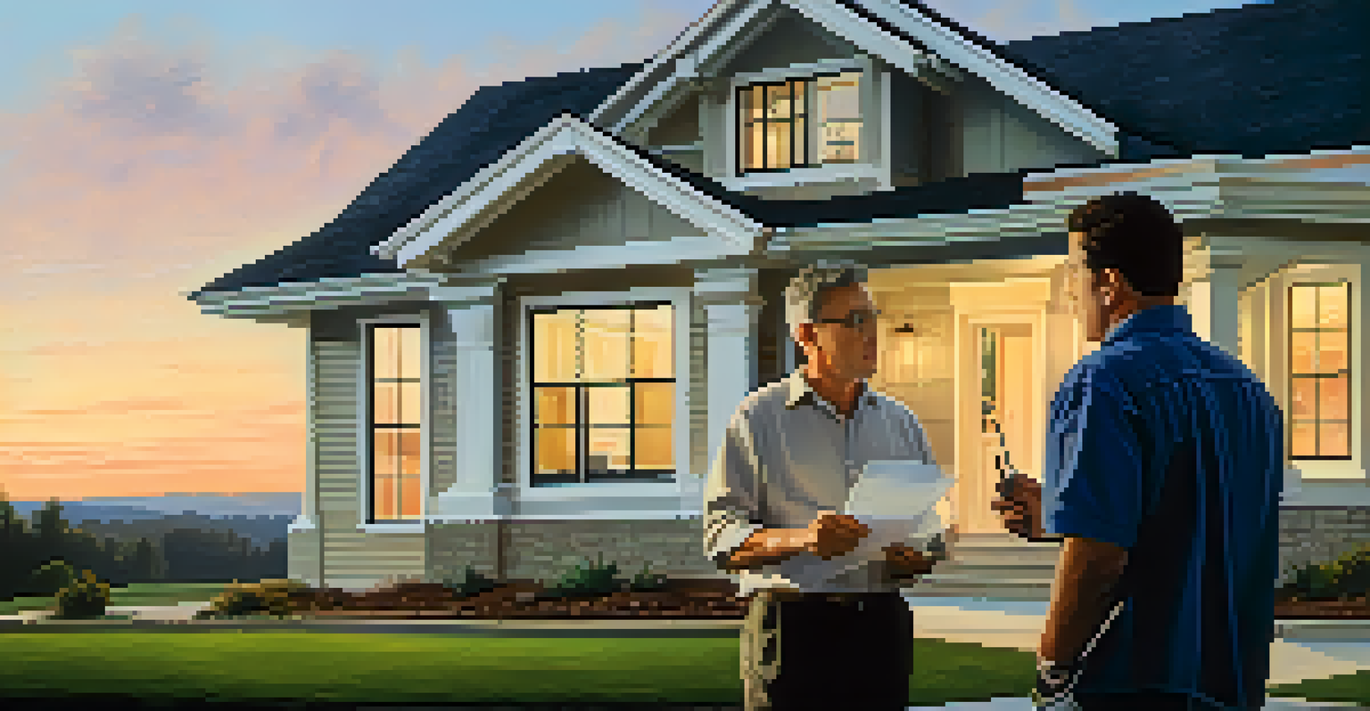 A home inspector discussing construction details with a homeowner in front of a new house.