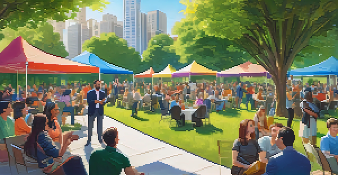 A lively outdoor event where people of different ages and backgrounds are discussing real estate crowdfunding, with colorful banners and a sunny park atmosphere.