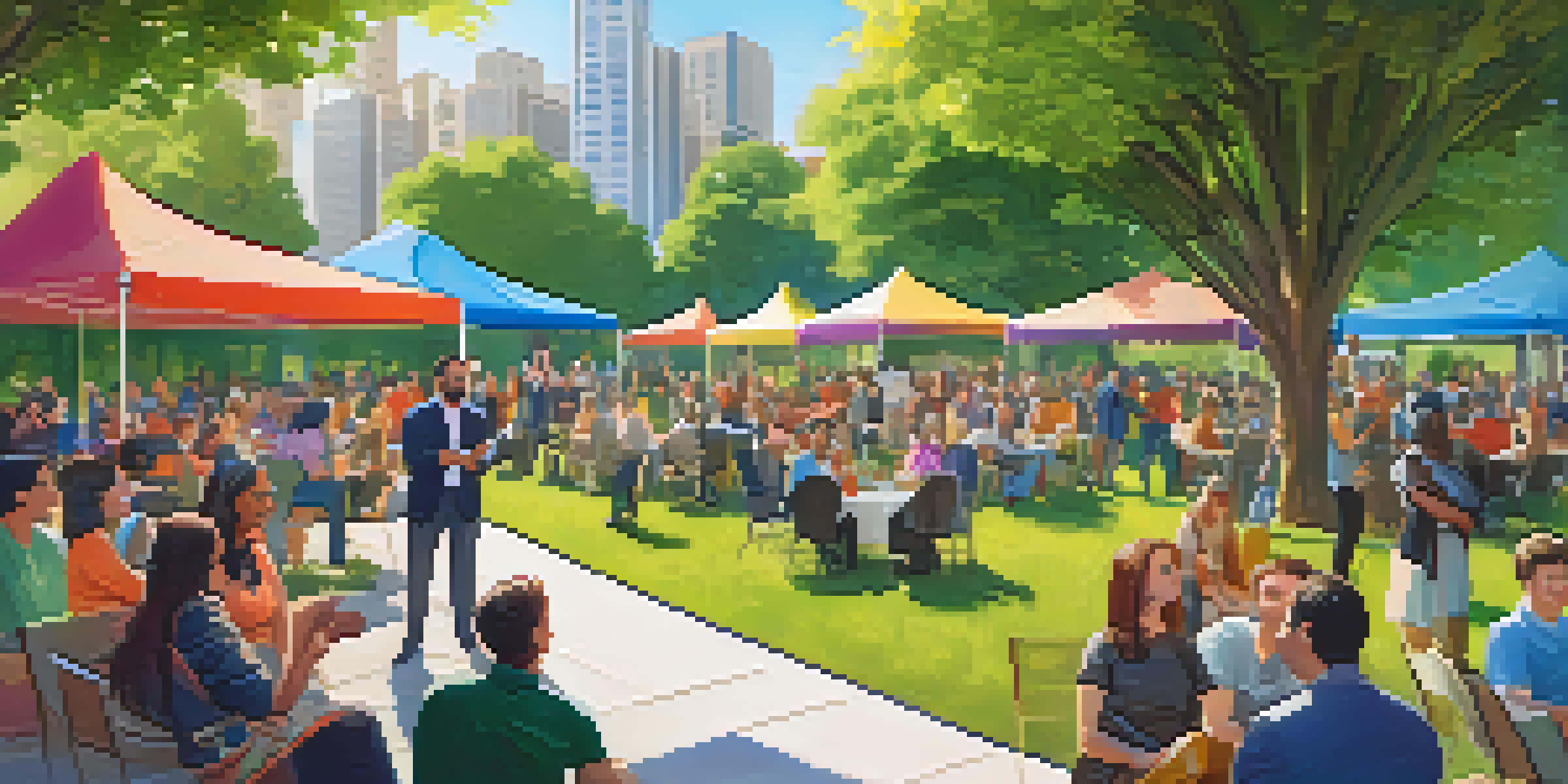 A lively outdoor event where people of different ages and backgrounds are discussing real estate crowdfunding, with colorful banners and a sunny park atmosphere.