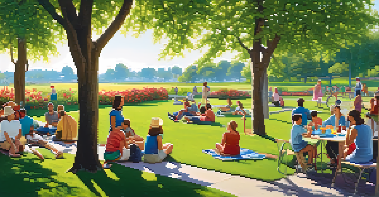 A vibrant park scene with people enjoying a picnic and families playing among lush greenery and colorful flowers.
