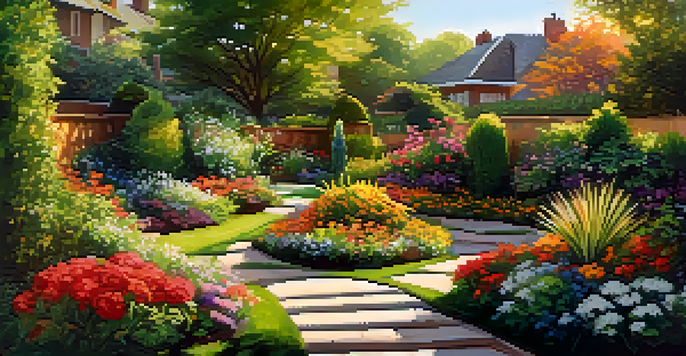 A colorful garden filled with blooming flowers in warm hues, lush greenery, and a stone pathway leading to a seating area.