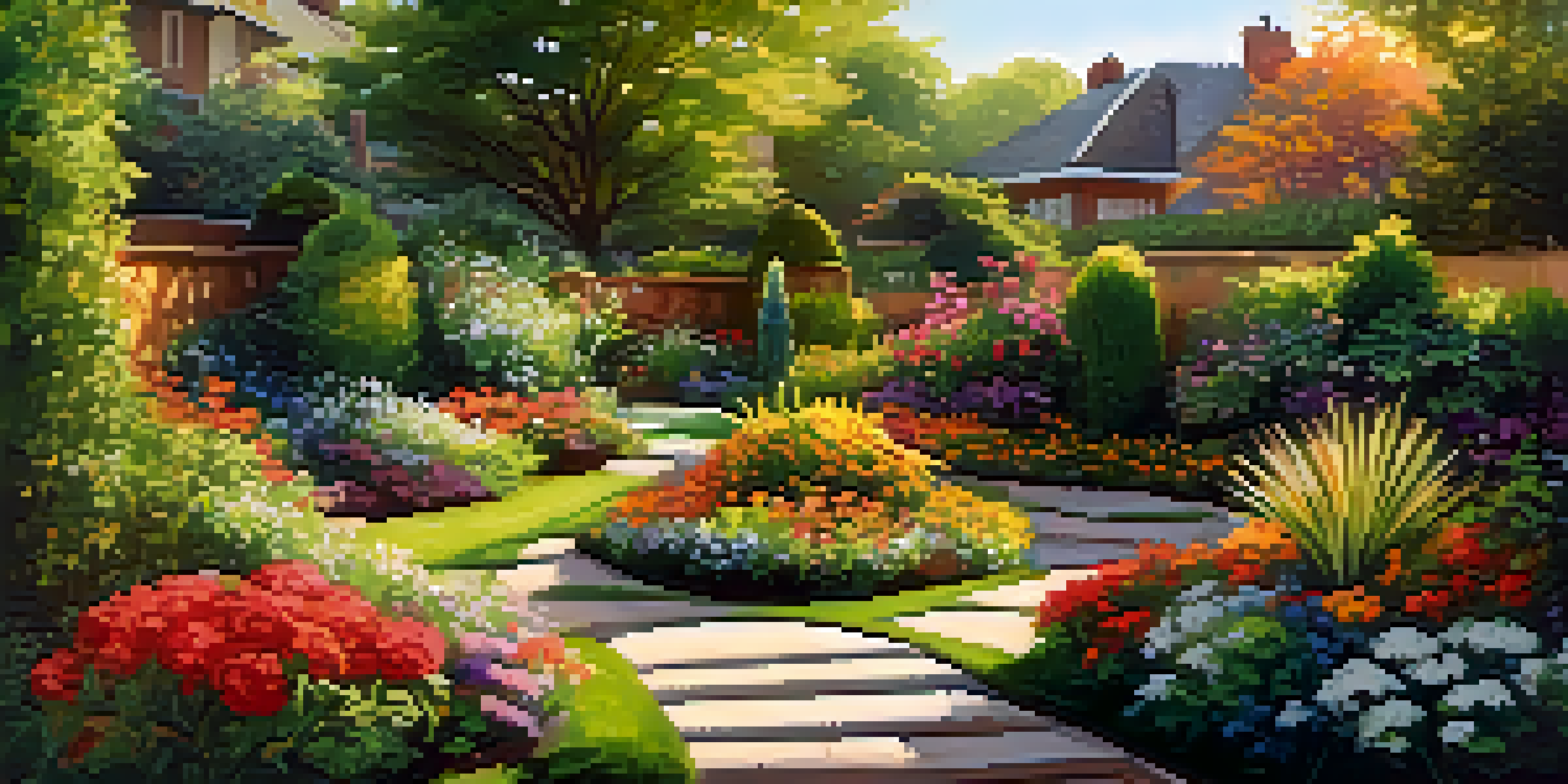 A colorful garden filled with blooming flowers in warm hues, lush greenery, and a stone pathway leading to a seating area.