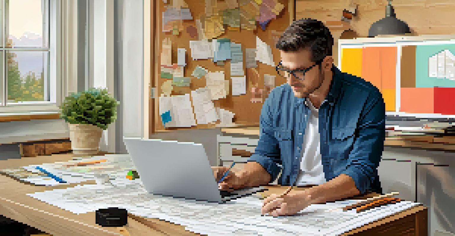 A table filled with renovation plans and color samples, with a homeowner analyzing them amidst a partially renovated house.