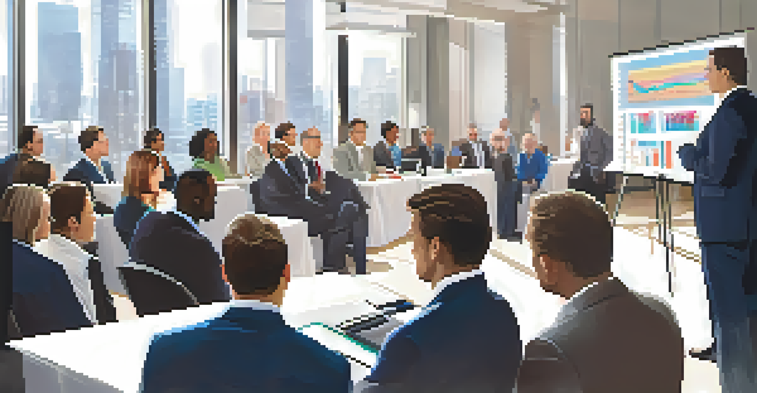 A group of professionals attending a real estate investment seminar, with a speaker and presentation slides.