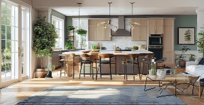 A spacious open concept living area with a modern kitchen, dining space, and living room, filled with natural light and decorated with plants.