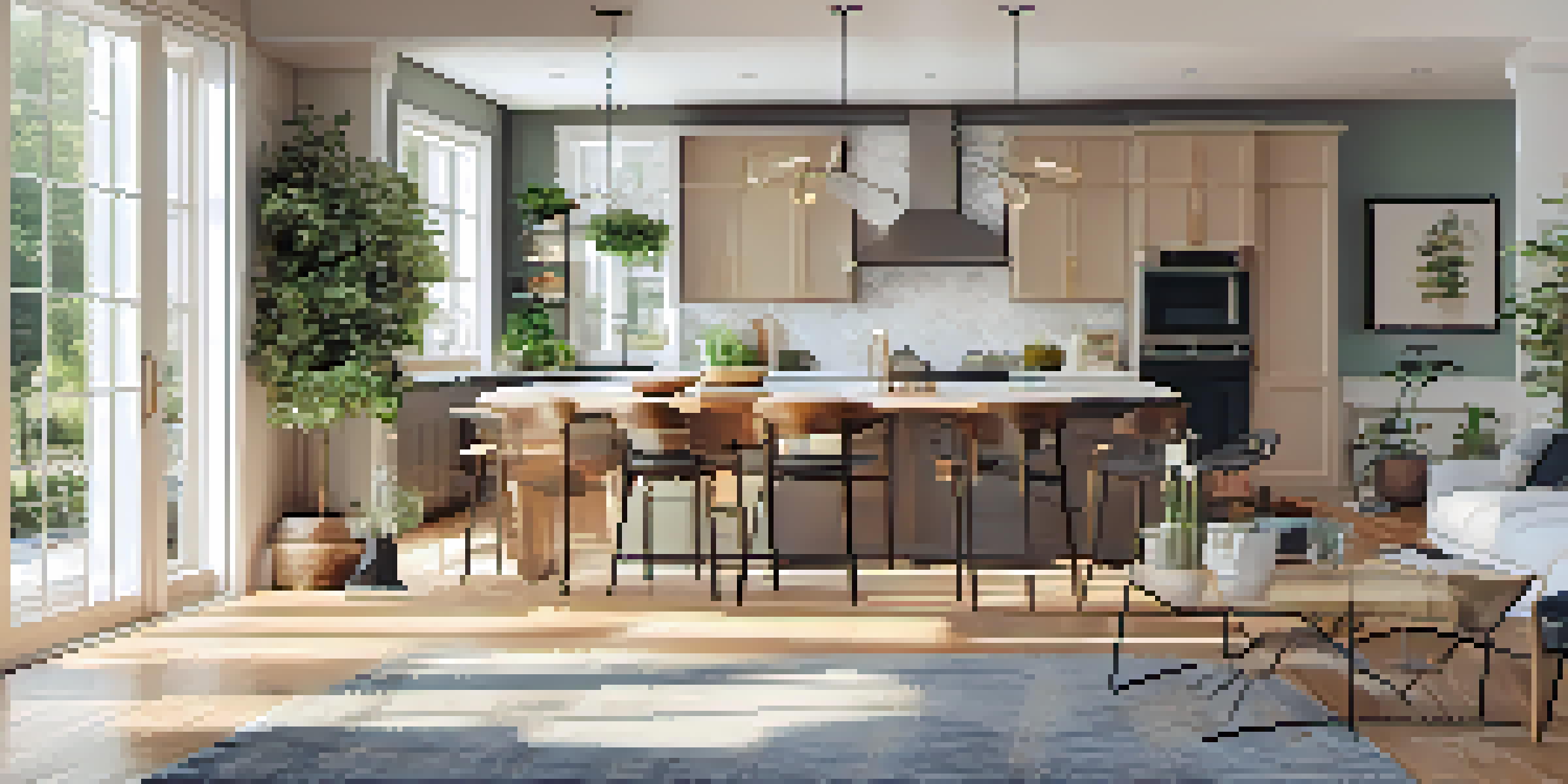 A spacious open concept living area with a modern kitchen, dining space, and living room, filled with natural light and decorated with plants.