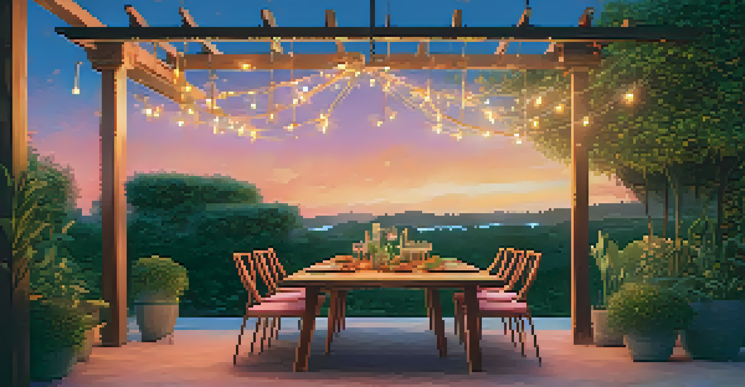 A romantic outdoor patio at sunset with a dining table set for dinner surrounded by greenery.