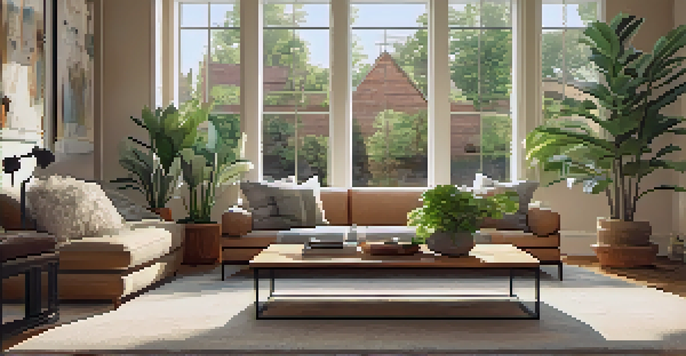 A cozy living room with a mid-century modern sofa, vintage wooden coffee table, and natural light from a large window.