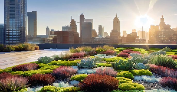 A green roof garden filled with various plants on a modern building, with the city skyline in the background.
