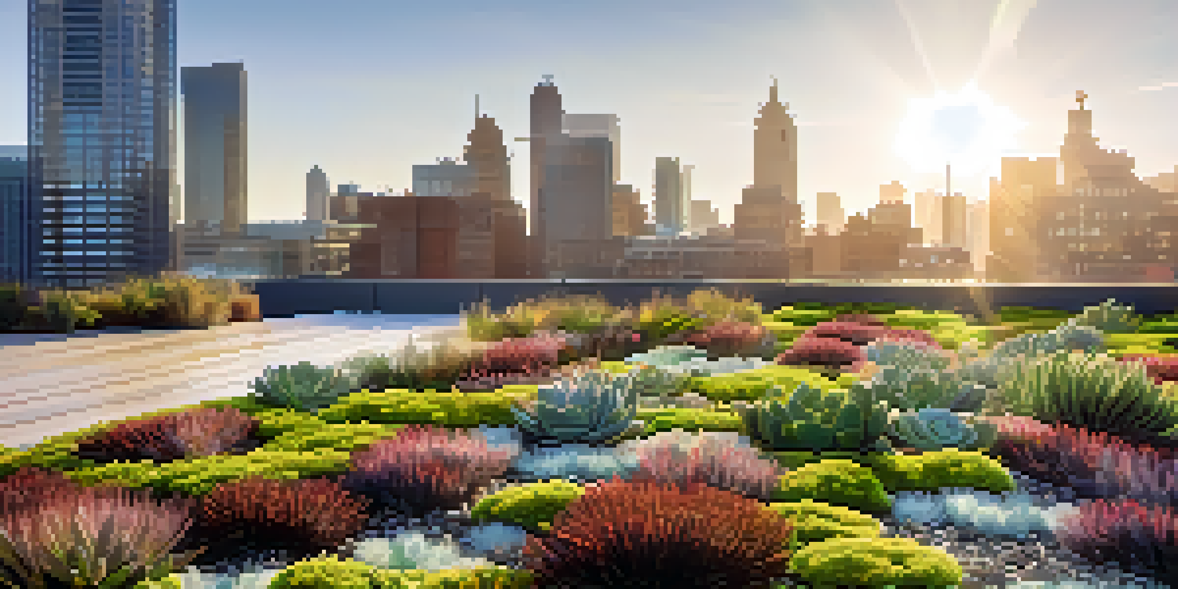 A green roof garden filled with various plants on a modern building, with the city skyline in the background.