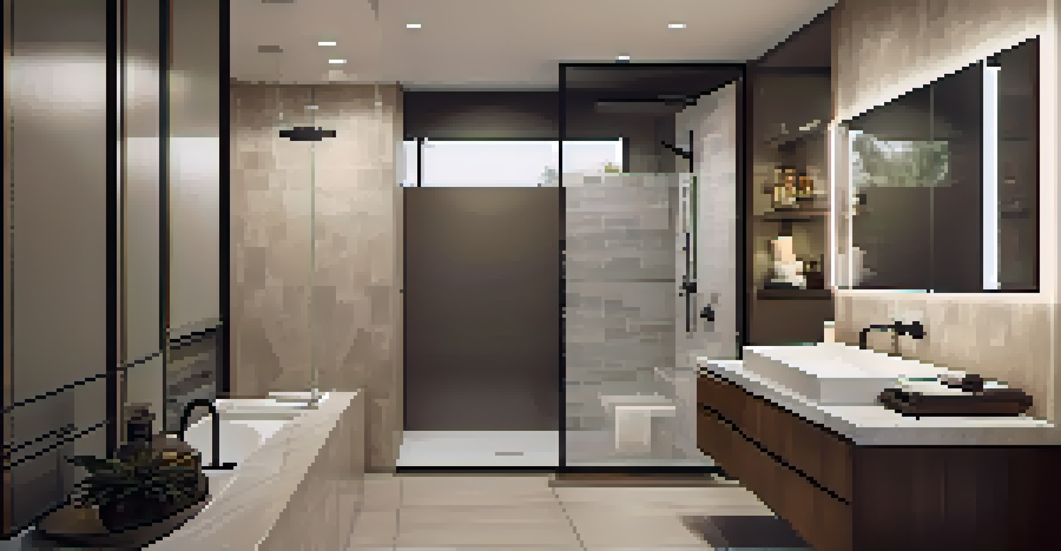 An elegant, contemporary bathroom with a walk-in shower, minimalist sink, and soft lighting.