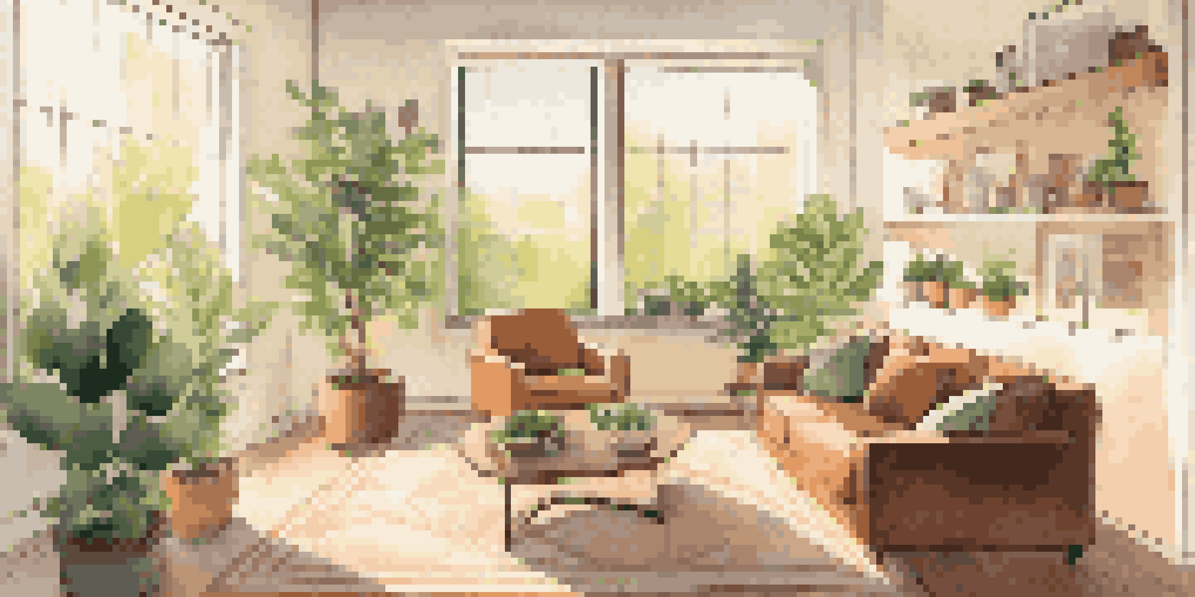 A cozy modern living room with a smart thermostat, sunlight, and energy-efficient appliances.