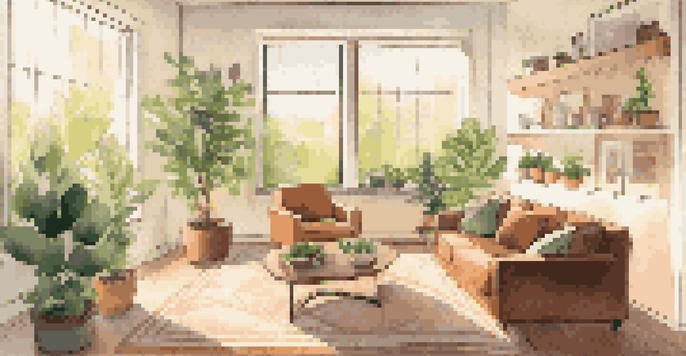 A cozy modern living room with a smart thermostat, sunlight, and energy-efficient appliances.