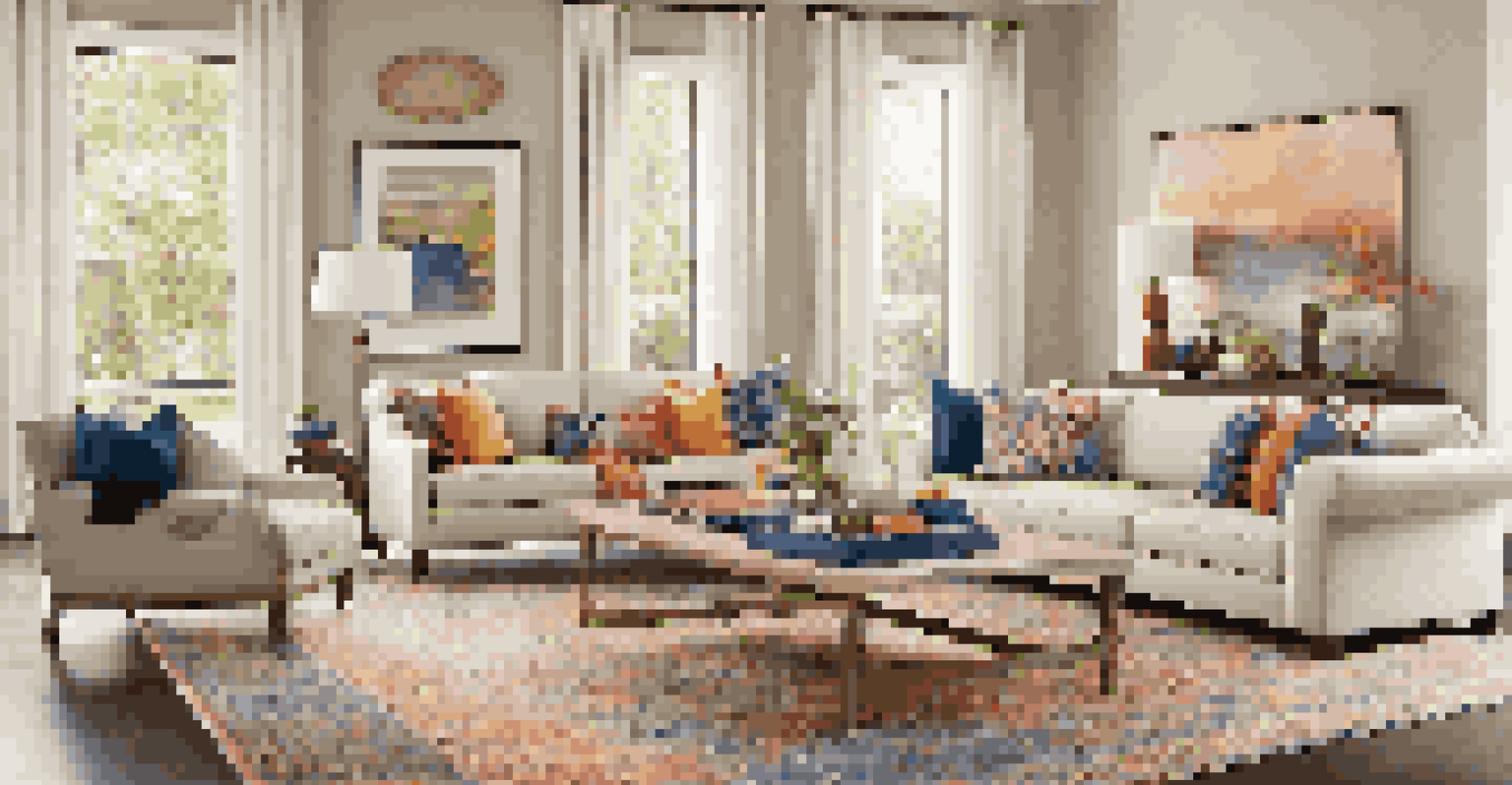 An inviting living room with neutral furniture, colorful pillows, and a gallery wall, filled with natural light from large windows.