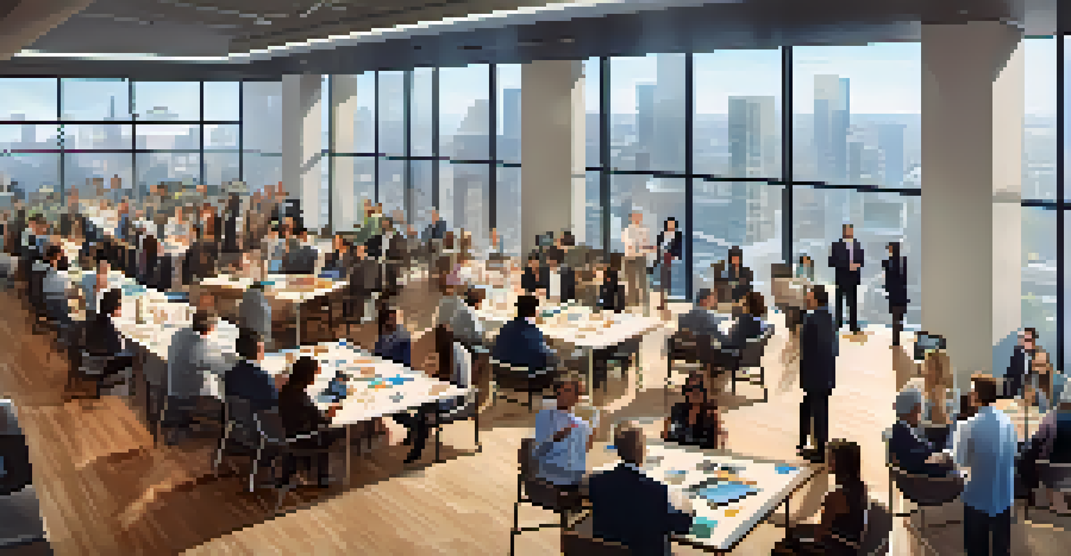 An aerial view of a real estate crowdfunding event with attendees networking in a modern conference room.