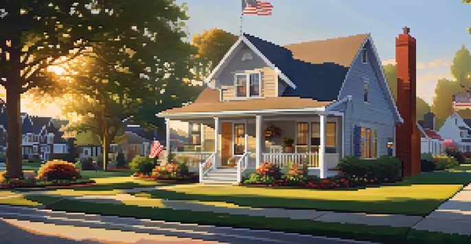 A picturesque suburban neighborhood during sunset with beautiful homes and flower beds.