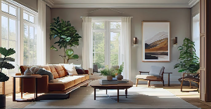 A cozy living room with energy-efficient windows, modern furniture, and plants, illuminated by natural sunlight.