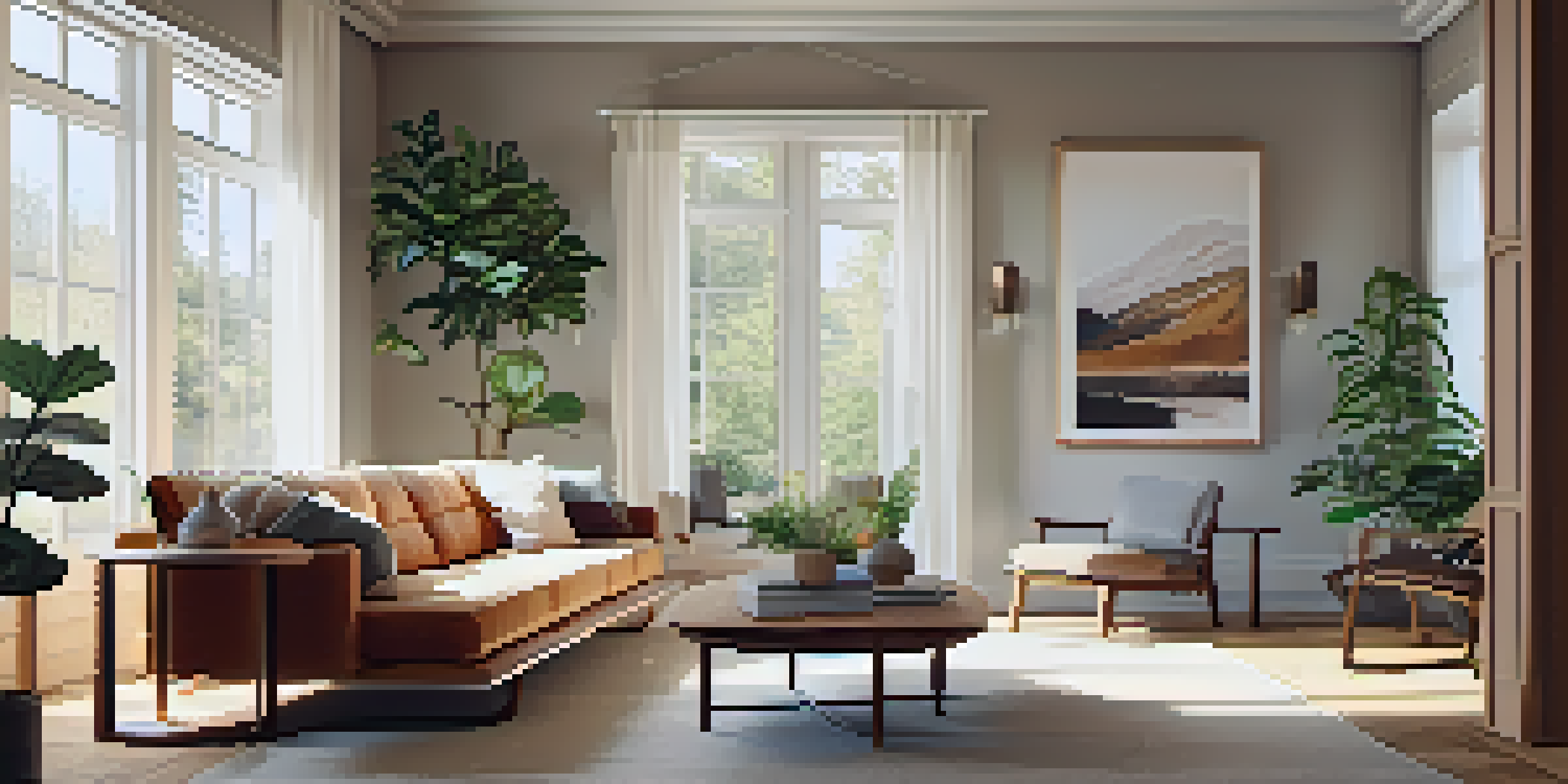A cozy living room with energy-efficient windows, modern furniture, and plants, illuminated by natural sunlight.