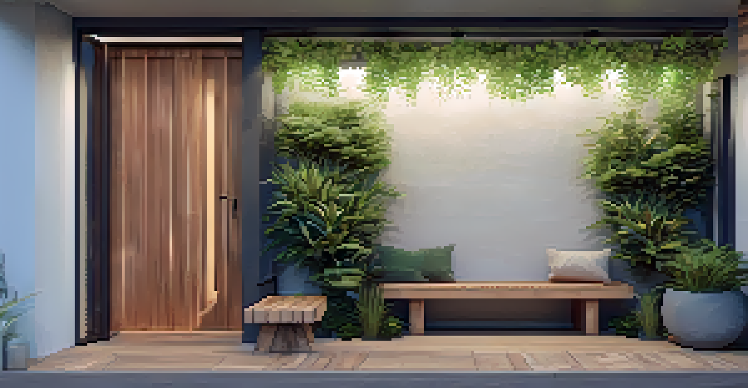 A sustainable entryway with eco-friendly materials, solar-powered lights, and an indoor garden, showcasing a green design.