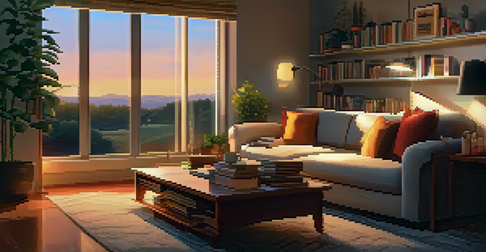 A cozy living room with soft, warm lighting, a plush sofa, and a sunset visible through a large window.