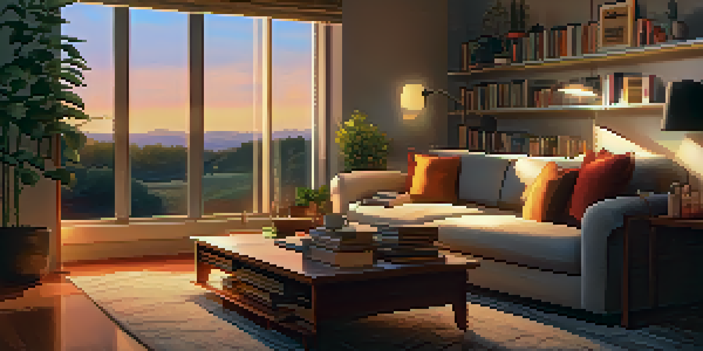 A cozy living room with soft, warm lighting, a plush sofa, and a sunset visible through a large window.