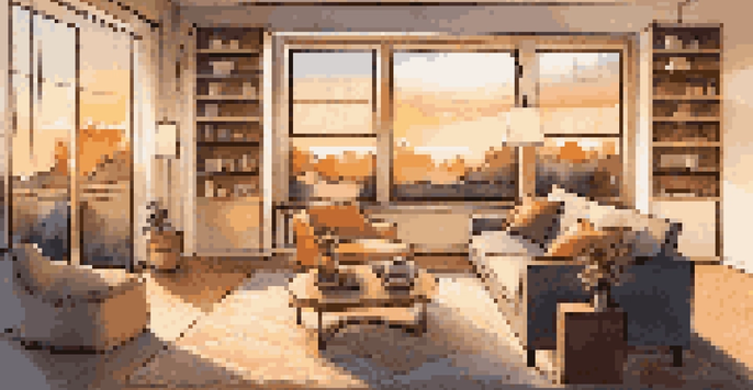 A modern living room with warm lighting, a smart thermostat, and a cozy sofa, creating an inviting atmosphere.