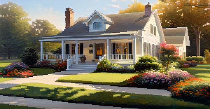 A beautifully maintained home with a vibrant garden, bathed in golden hour sunlight, creating a warm and inviting atmosphere.