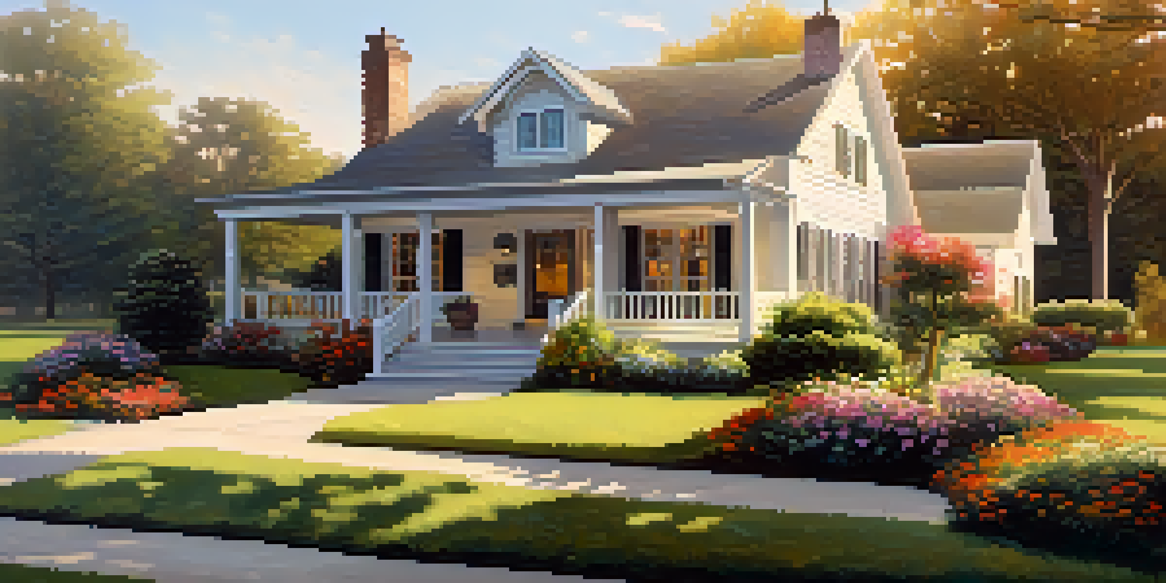 A beautifully maintained home with a vibrant garden, bathed in golden hour sunlight, creating a warm and inviting atmosphere.