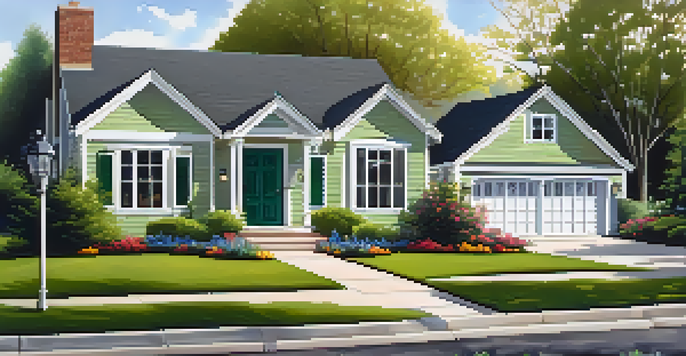 A well-kept front yard with green grass, a colorful front door, and potted flowers, all warmly lit during the evening.