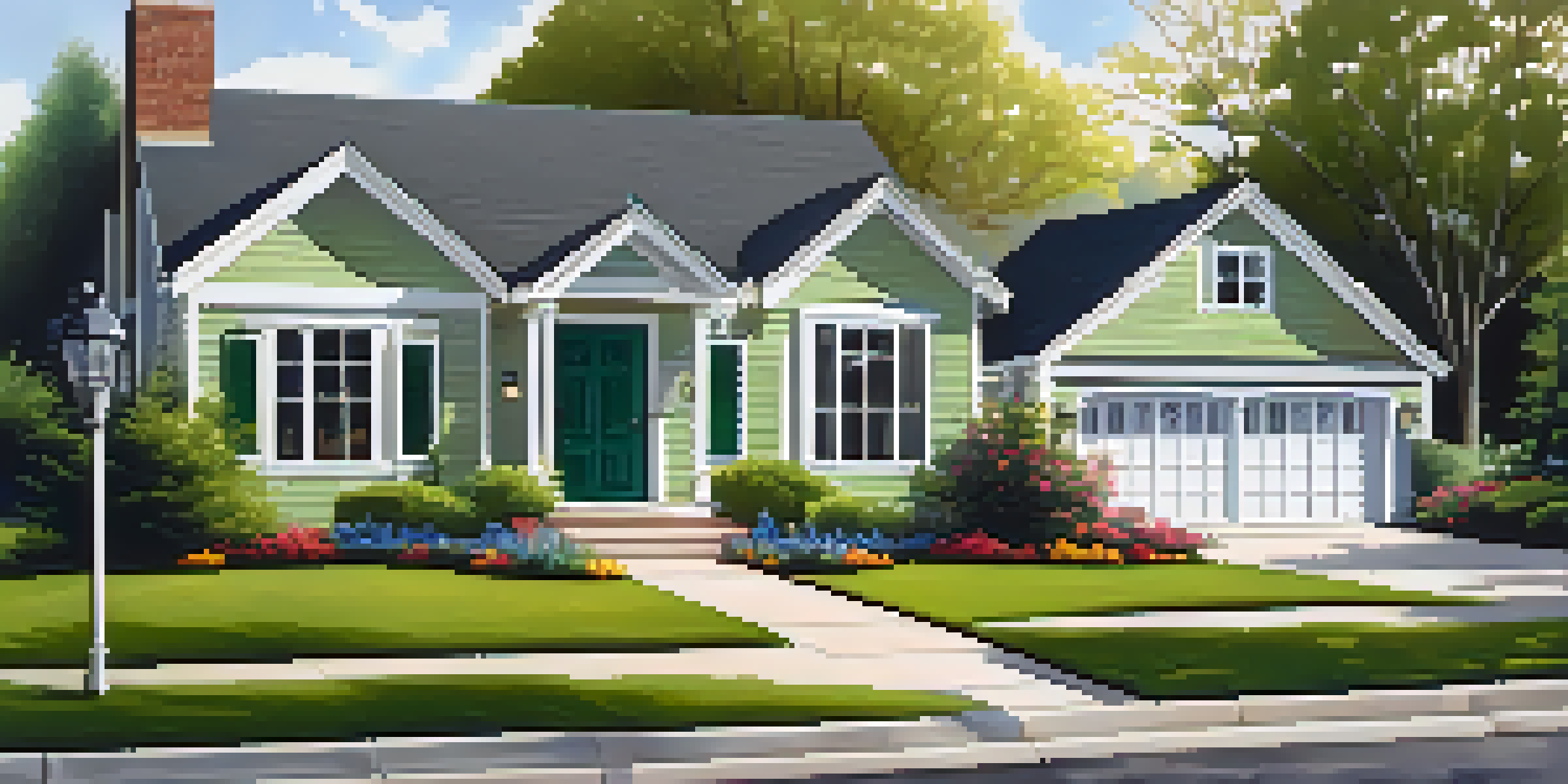 A well-kept front yard with green grass, a colorful front door, and potted flowers, all warmly lit during the evening.