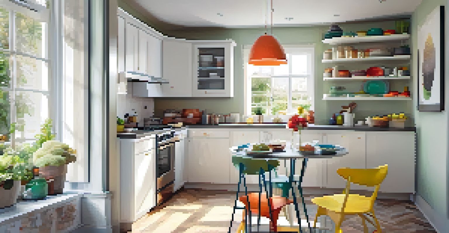A compact L-shaped kitchen with white cabinets and a cozy dining nook, filled with natural light and colorful dishware.