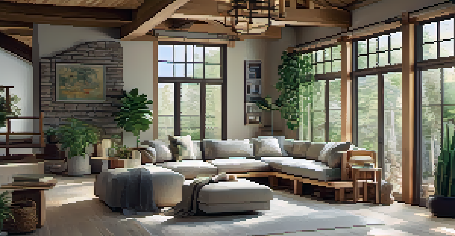 An elegant open living area featuring natural materials, exposed beams, and a cozy reading nook filled with sunlight and plants.