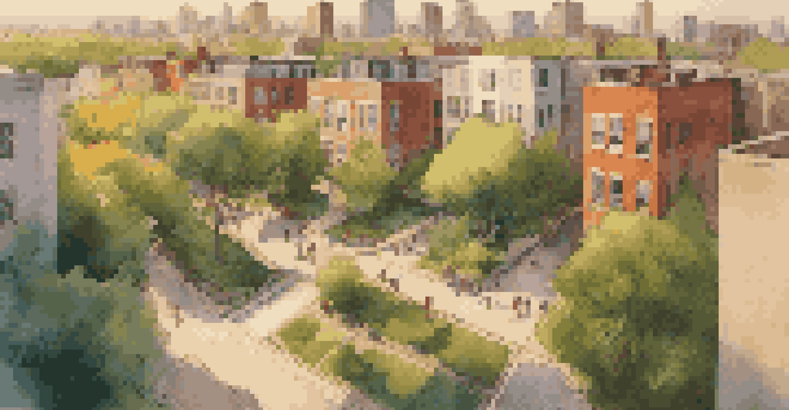 An aerial view of a lively urban neighborhood with residential buildings, parks, and people walking on the streets during sunset.