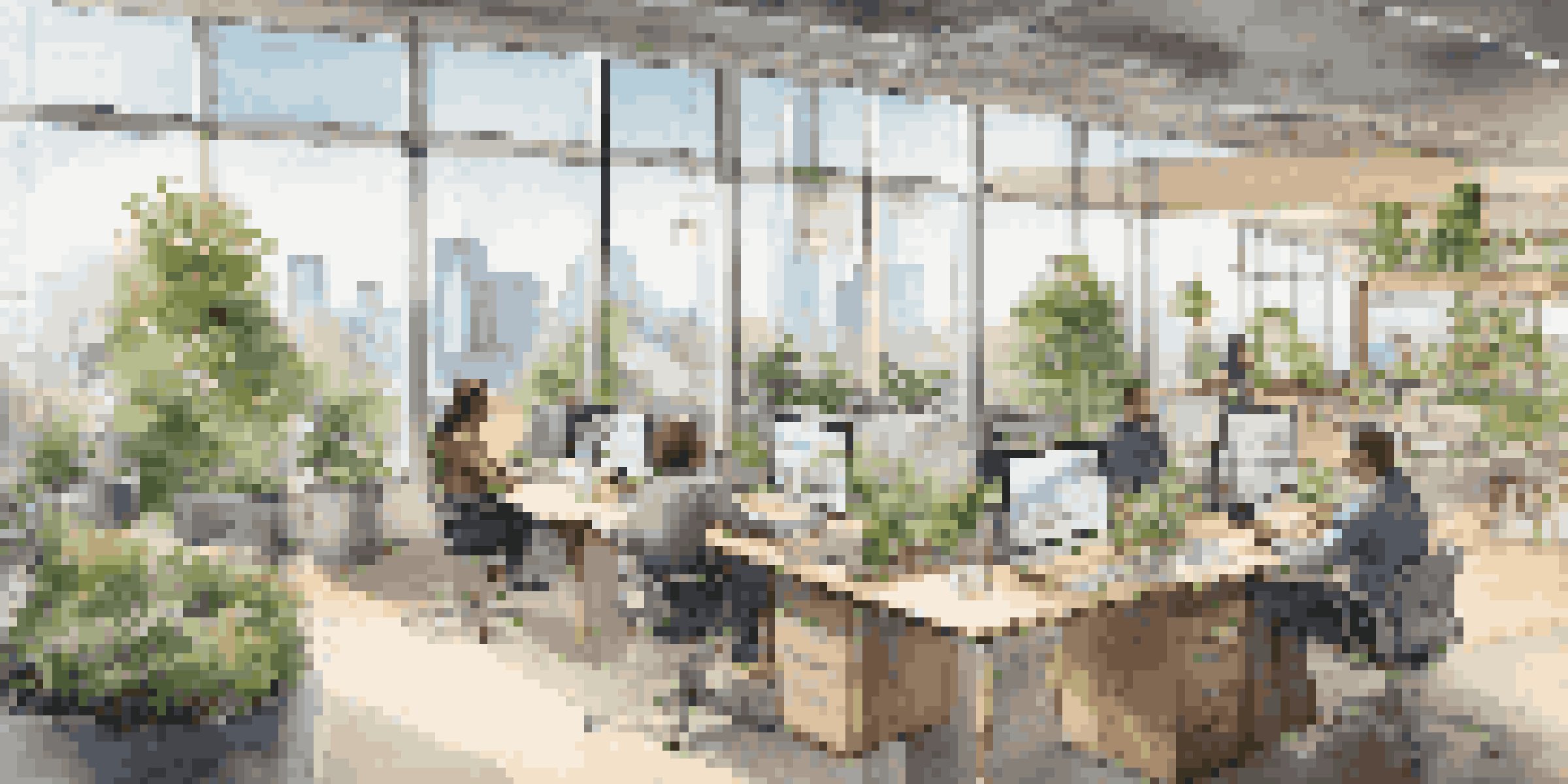 A bright and modern office space with flexible work areas, lounges, and greenery, filled with natural light and a city skyline view.
