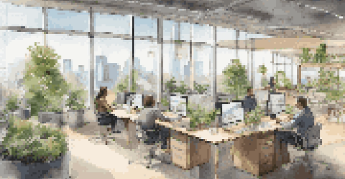 A bright and modern office space with flexible work areas, lounges, and greenery, filled with natural light and a city skyline view.