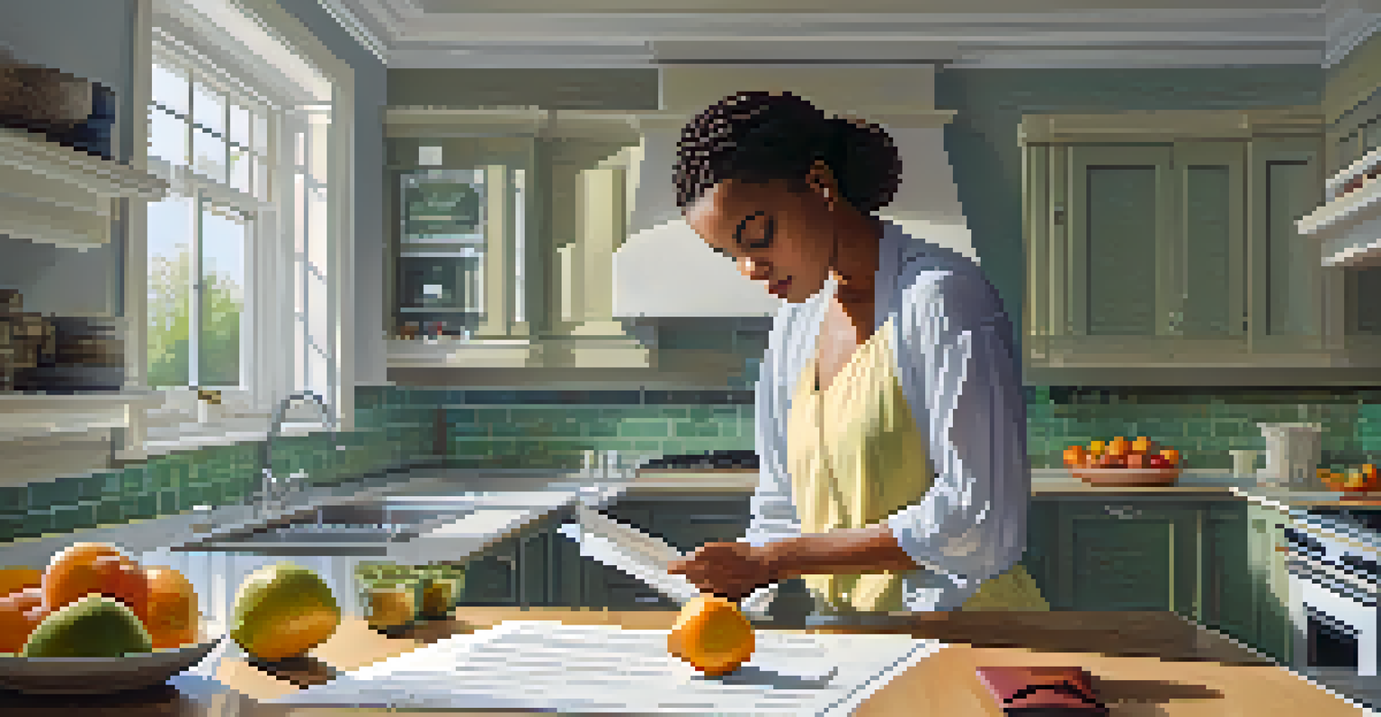 A person in a modern kitchen examining a document labeled 'Loan Estimate' with a concerned look.