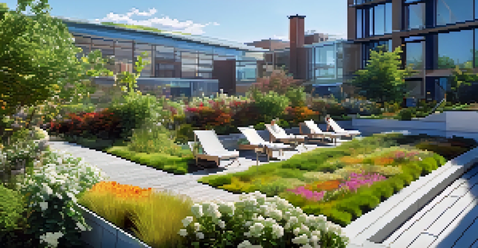 A green roof garden on a city building, featuring diverse plants and flowers, with a person relaxing in a chair under a sunny sky.