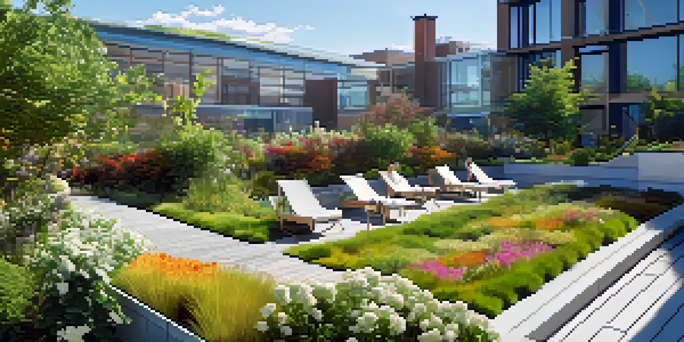 A green roof garden on a city building, featuring diverse plants and flowers, with a person relaxing in a chair under a sunny sky.