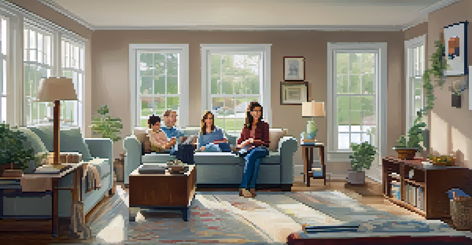 A family enjoying their living room while a home inspector checks smoke detectors, with a bright and cozy environment accentuated by natural light.