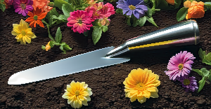 A close-up of a shiny stainless steel trowel on dark soil, with colorful flowers around it in sunlight.