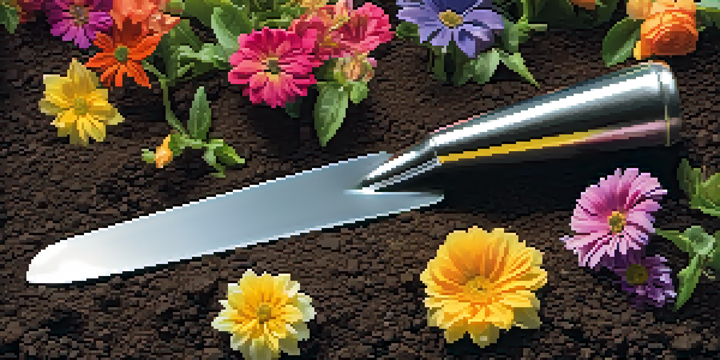 A close-up of a shiny stainless steel trowel on dark soil, with colorful flowers around it in sunlight.