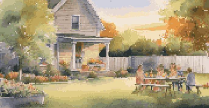 A vibrant suburban backyard scene with a barbecue grill, picnic table, and children playing in the grass during a summer evening.