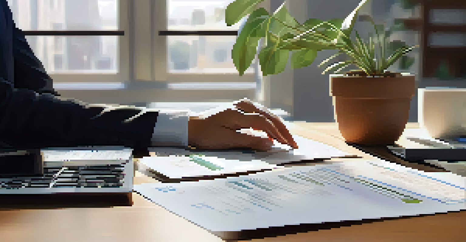 A close-up of a business professional at a desk with a laptop and financial documents, in a warm, sunlit workspace.