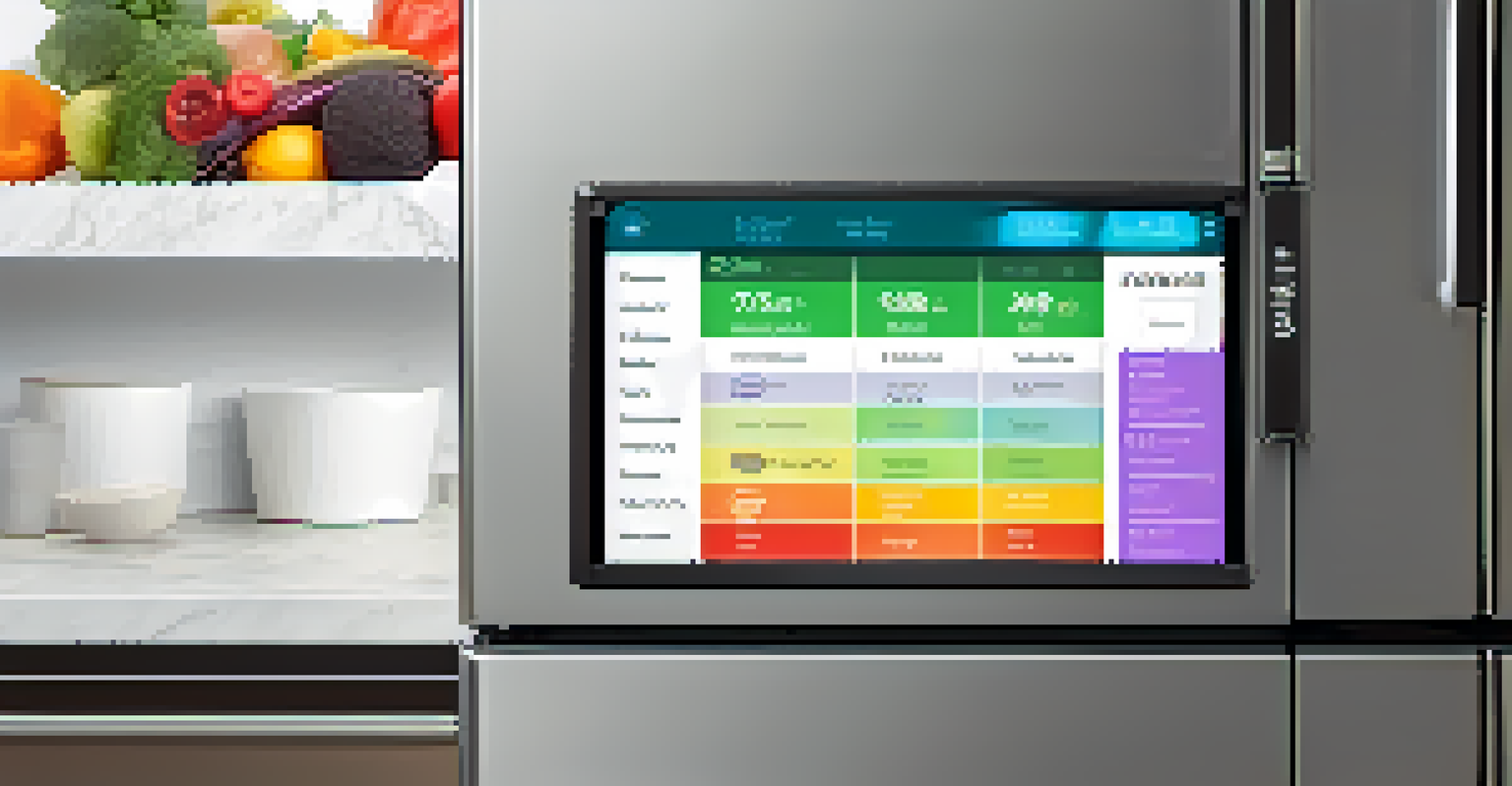 A detailed view of a smart refrigerator's touchscreen showing a shopping list in a bright, modern kitchen.