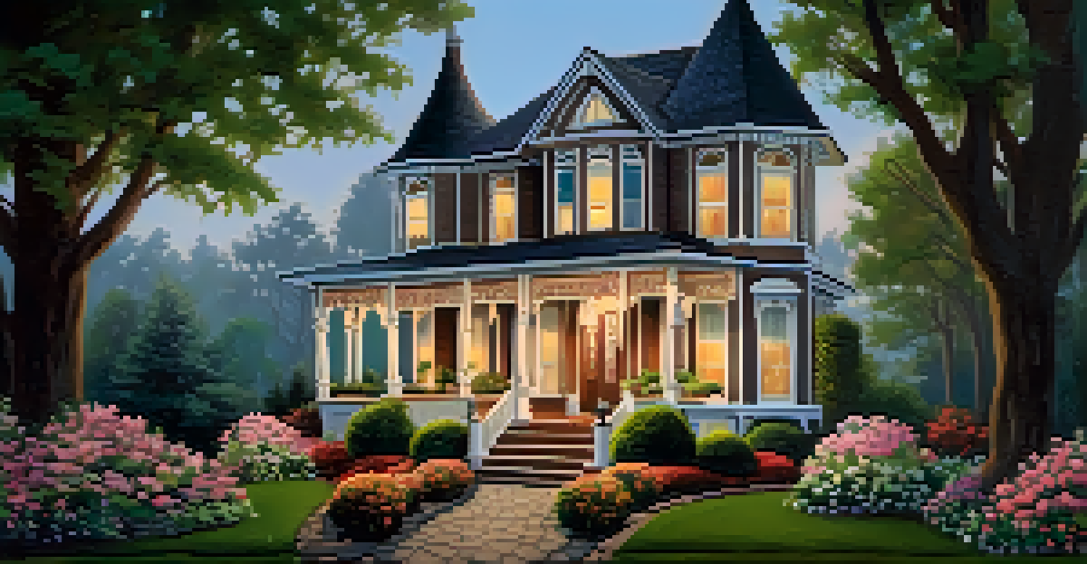 A beautiful Victorian house with decorative trim, colorful landscaping, and soft lighting enhancing its entrance.
