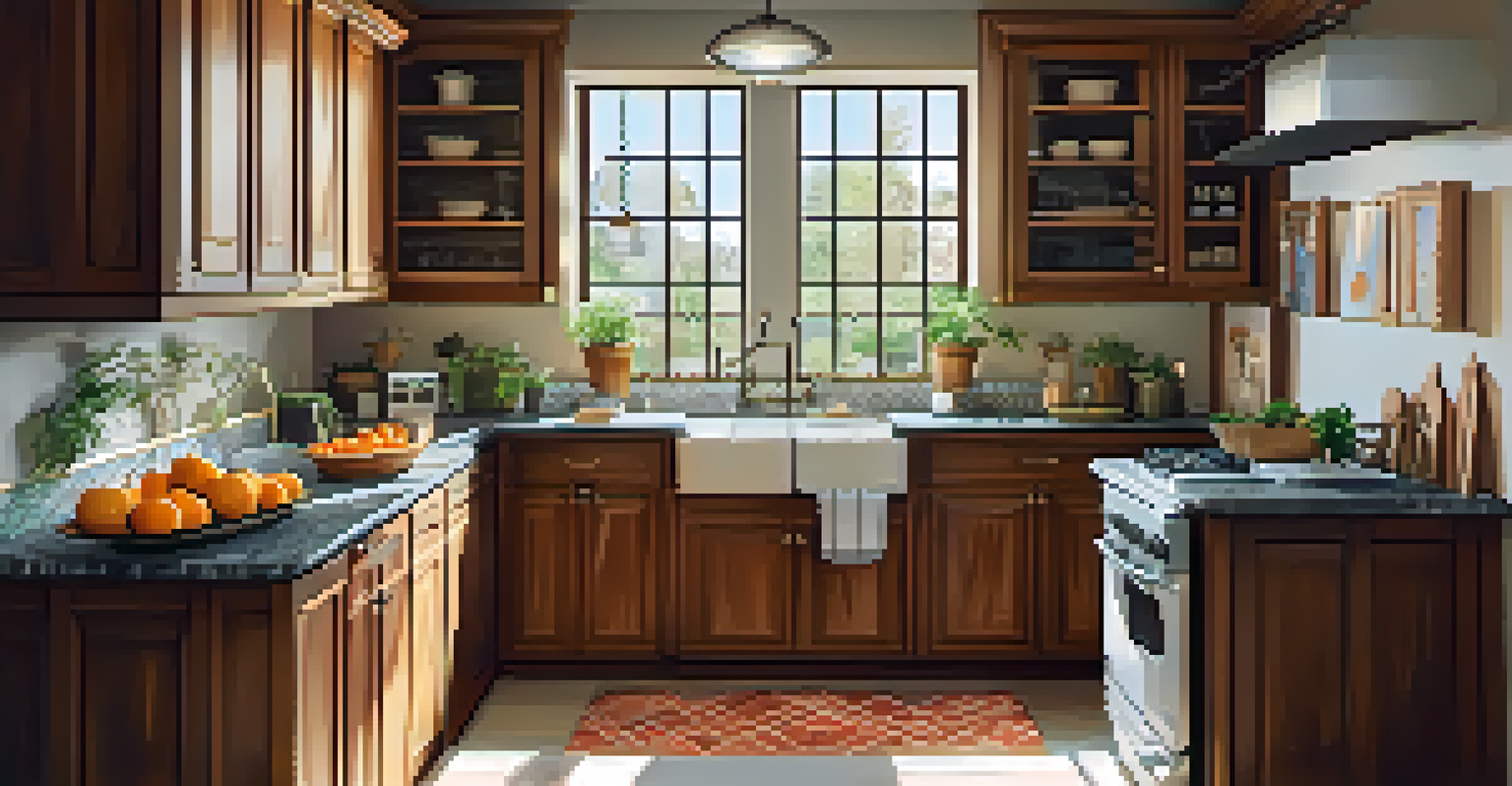 A cozy kitchen with wooden cabinets, marble countertop, and a bowl of fresh fruits.