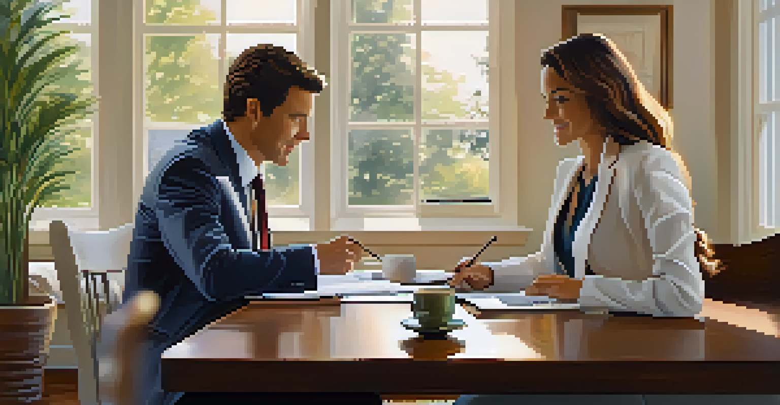 A real estate agent discussing paperwork with a client at a dining table, with a laptop and coffee cup present, in a well-lit room.