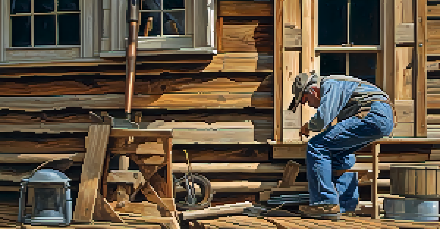 An artisan restoring wooden siding on a historic building, with tools and warm afternoon light emphasizing craftsmanship.