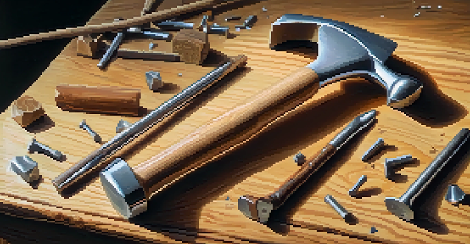 A claw hammer on a wooden workbench with nails and wood pieces around it, illuminated by natural light.