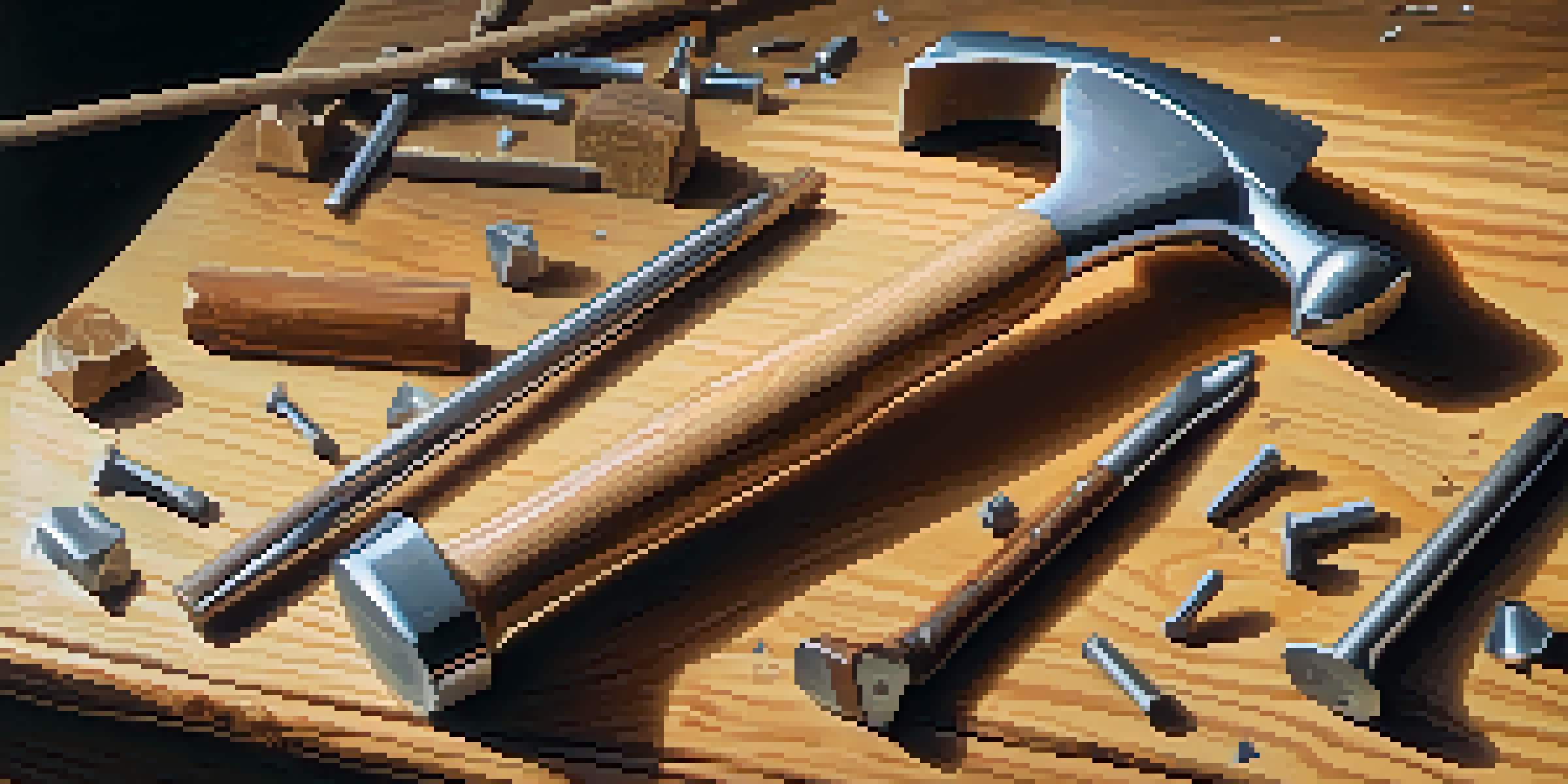 A claw hammer on a wooden workbench with nails and wood pieces around it, illuminated by natural light.